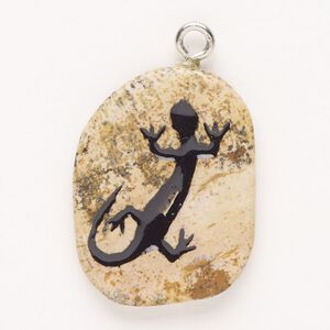 Focal, steel/picture jasper (natural)/enamel, pkg/1, silver finish and black, 30x24mm-39x27mm single-sided puffed freeform with salamander, B grade.