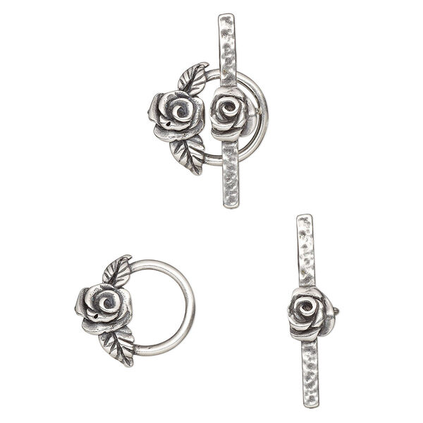 Clasp, JBB Findings, toggle, antique silver-plated brass, 17.5x16.5mm round with rose and leaves. Sold individually. image number 0