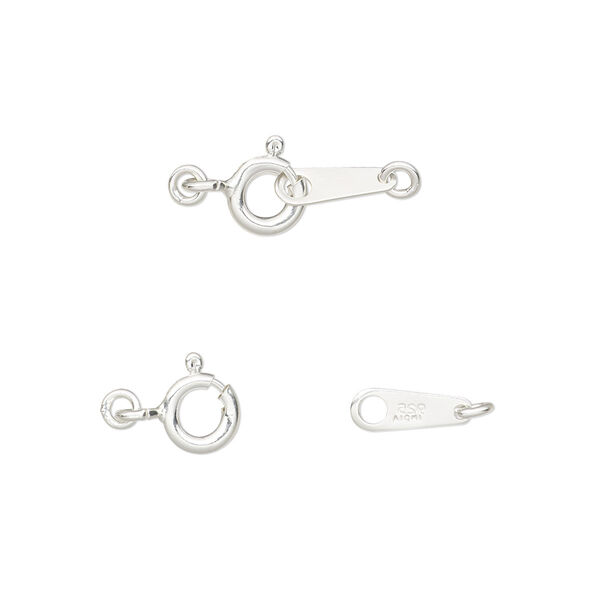 Clasp, springring, sterling silver, 6mm with 9x3mm chain tab and (2) 3mm soldered jump rings. Sold per pkg of 2. image number 0