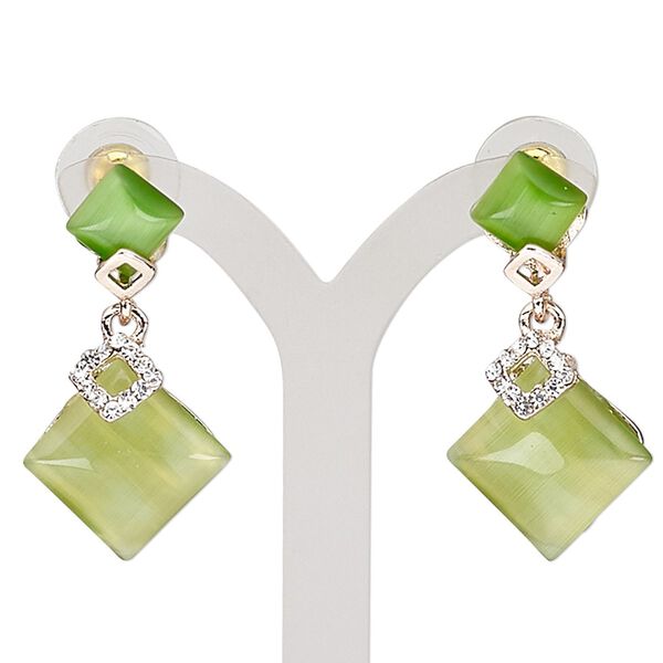 Earring, cat's eye glass / glass rhinestone / stainless steel / rose gold-finished "pewter" (zinc-based alloy), green / lime green / clear, 36mm with diamond and post. Sold per pair. image number 0