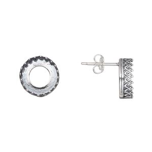 Earstud 1pkg2 JBB Findings sterling silver, 12mm / SS47 rivoli bezel setting / earnuts, antiqued 1 pair