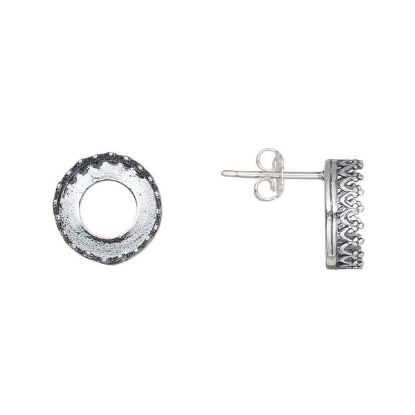 Earstud 1pkg2 JBB Findings sterling silver, 12mm / SS47 rivoli bezel setting / earnuts, antiqued 1 pair image number 0