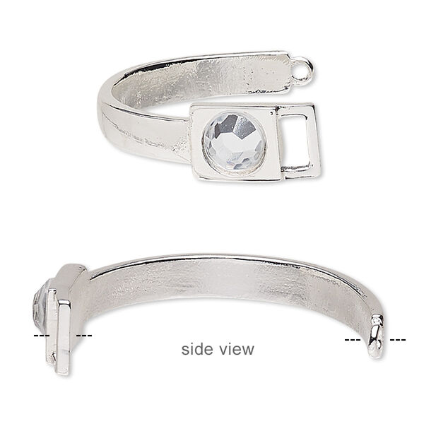 Bracelet component, glass rhinestone and silver-finished "pewter" (zinc-based alloy), clear, 7.5mm wide with 20.5x12.5mm buckle, 42x26mm inside diameter. Sold individually. image number 0