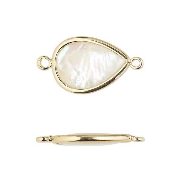 Link, mother-of-pearl shell and gold-finished brass (assembled), 18.5x13.5mm-20x15mm double-sided teardrop. Sold per pkg of 4. image number 0