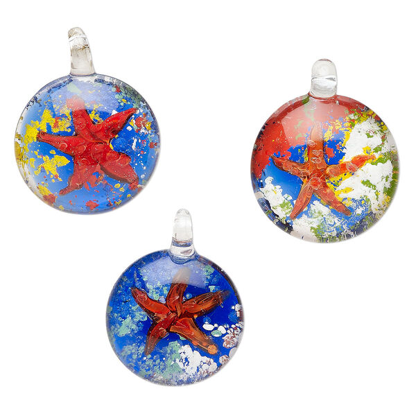 Focal, lampworked glass, mixed colors, 29-31mm domed round with starfish. Sold individually. image number 0