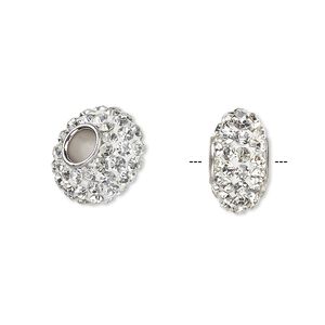 Bead, Dione®, Czech glass rhinestone / epoxy / imitation rhodium-plated brass grommet, white and clear, 13x8mm-14x8mm rondelle. Sold individually.