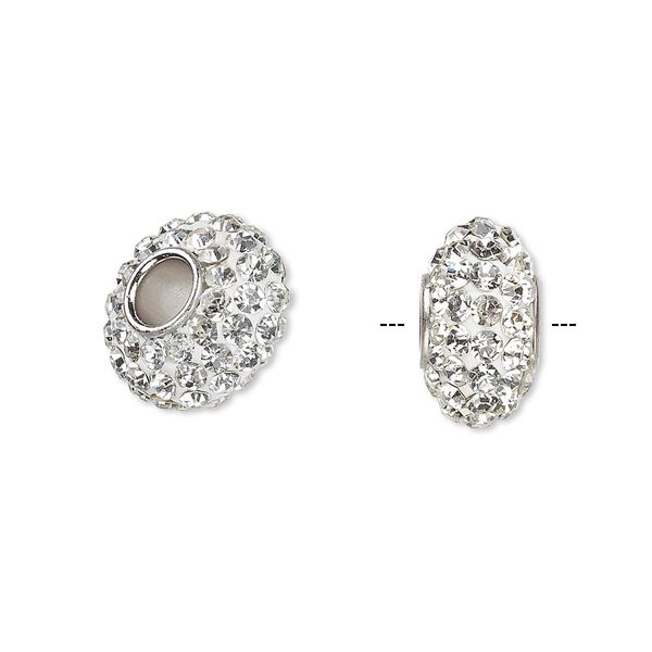 Bead, Dione®, Czech glass rhinestone / epoxy / imitation rhodium-plated brass grommet, white and clear, 13x8mm-14x8mm rondelle. Sold individually. image number 0