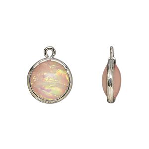 Drop, Opalized Ice™, "opal" (resin) and imitation rhodium-finished brass, opaque light pink, 14mm double-sided round. Sold per pkg of 4.