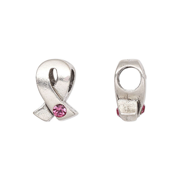 Bead, Dione®, crystals and antique silver-plated pewter (tin-based alloy), rose, 13.5x9mm double-sided awareness ribbon. Sold individually. image number 0