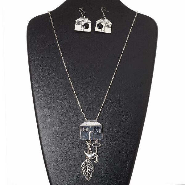 Necklace and earring set, resin / acrylic / silver-finished brass / "pewter" (zinc-based alloy) / steel, black, 32x27mm house, 30 inches with 3-inch extender chain and lobster claw clasp, 1-3/4 inch earrings with fishhook ear wire. Sold per set. image number 0