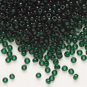 Seed bead, Dyna-Mites™, glass, transparent dark green, #8 round. Sold per 40-gram pkg.