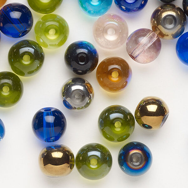 Bead mix, glass, pkg/2 ounces, opaque to transparent mixed colors, 8-10mm round. image number 0