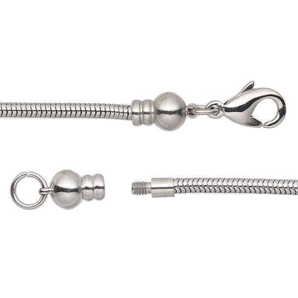 Dione® Easy-On Chain, stainless steel, 2.4mm snake, 18 inches with 3.2mm threaded ball end and lobster claw clasp. Sold individually. image number 0