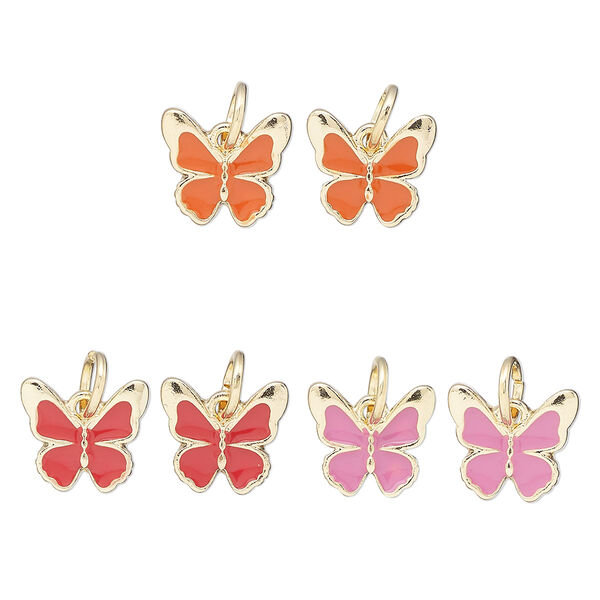 Charm assortment, gold-finished "pewter" (zinc-based alloy) and enamel, pink / red / orange, 11.5x11mm butterfly. Sold per 6-piece set. image number 0