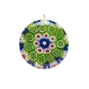 Drop, millefiori glass, translucent multicolored, 24-26mm top-drilled puffed flat round with flower and tree design. Sold individually.
