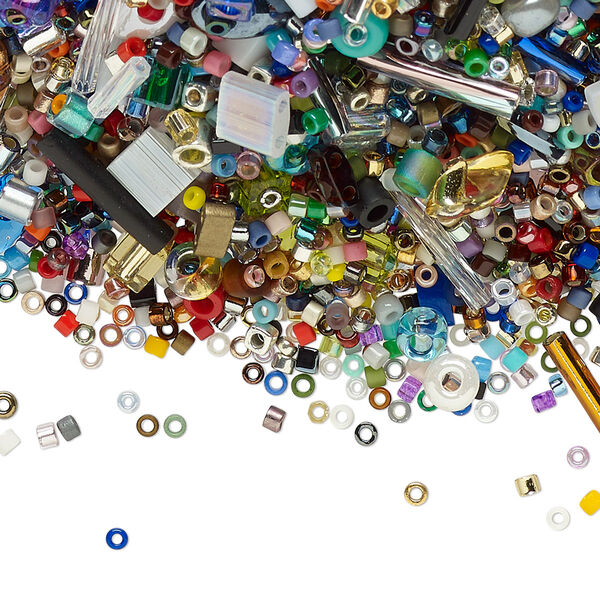 Seed bead mix, glass, pkg/100g, 15/0 to 12x2mm mixed shapes, mixed mixed colors. image number 0