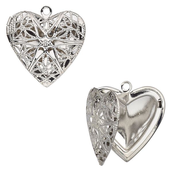 Drop, silver-finished brass, 25.5x24.5mm single-sided hinged heart bead cage with cutout flower. Sold individually. image number 0