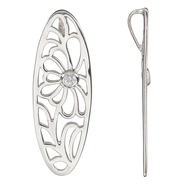 Pendant, sterling silver and cubic zirconia, clear, 40x14mm single-sided oval with cutout flower. Sold individually. image number 0