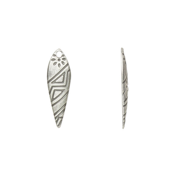 Drop, antique silver-plated steel, 21x7mm drop with tribal design. Sold per pkg of 100. image number 0