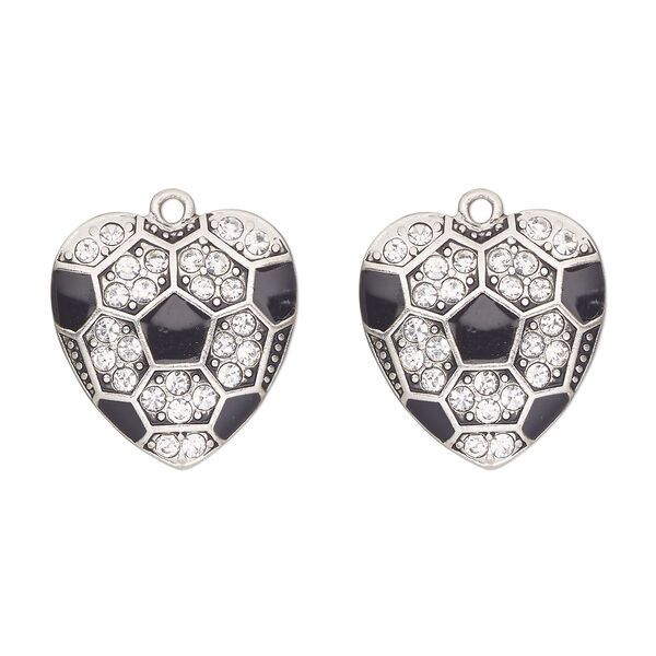 Charm, antique silver-finished "pewter" (zinc-based alloy) and glass, clear and black, 23x22mm single-sided heart with "soccer ball pattern". Sold per pkg of 2. image number 0
