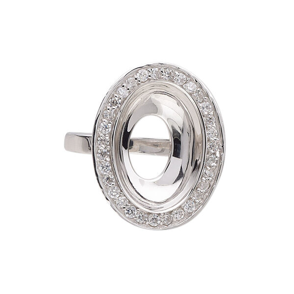 Ring, Almost Instant Jewelry®, rhodium-plated sterling silver and cubic zirconia, clear, 24.5mm wide with 18x13mm oval glue-in setting, size 7. Sold individually. image number 0
