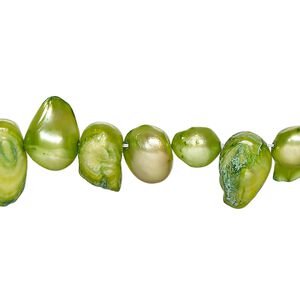 Pearl, cultured freshwater (dyed), green apple, 7x6mm-14x9mm baroque with 0.4mm hole, D grade, Mohs hardness 2-1/2 to 4. Sold per 15-inch strand.