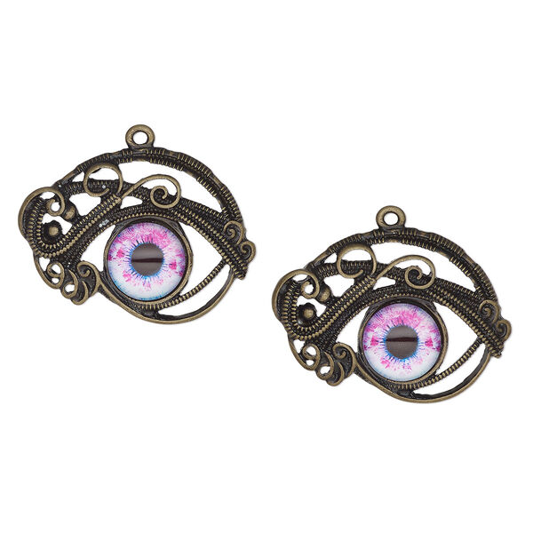 Focal, antique brass-finished "pewter" (zinc-based alloy) and glass, white and purple, 43x32mm single-sided eye. Sold per pkg of 2. image number 0
