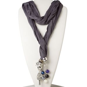 Scarf necklace, cotton / polyester / acrylic pearl / silver-colored plastic, multicolored, 16mm round / 25mm flower / 56x36mm winged ballerina, 78-inch continuous loop. Sold individually.