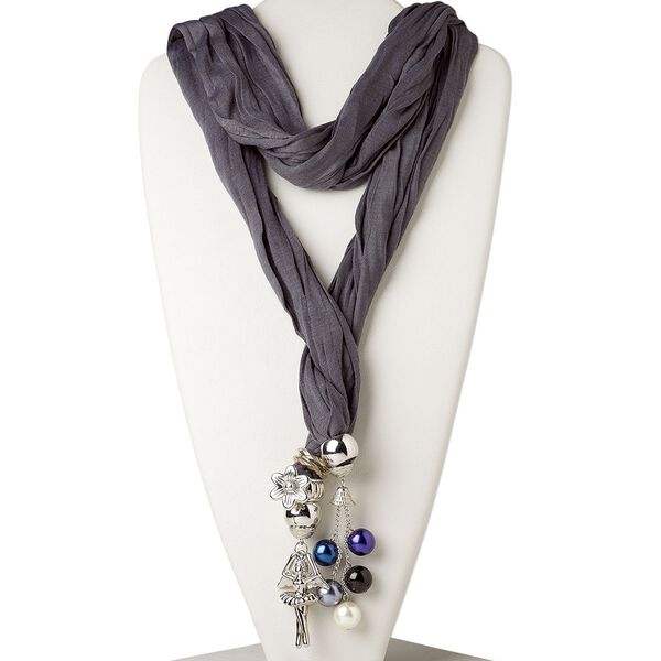 Scarf necklace, cotton / polyester / acrylic pearl / silver-colored plastic, multicolored, 16mm round / 25mm flower / 56x36mm winged ballerina, 78-inch continuous loop. Sold individually. image number 0