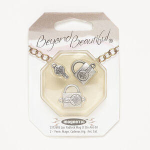 Clasp magnetic 1pkg2, 18x14mm 2-sided lock & key, antique silver-finished brass 1-strand