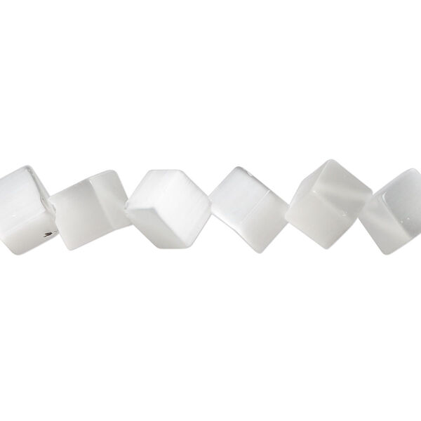 Bead, cat's eye glass (fiber optic glass), white, 9mm diagonally drilled cube. Sold per 15-inch strand. image number 0