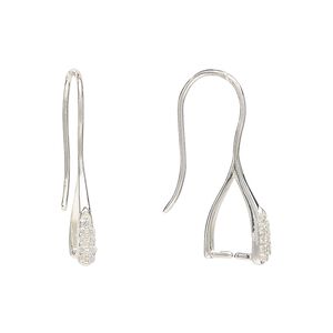 Ear wire 1pkg2 sterling silver / cubic zirconia, 24mm / ice-pick bail / 9mm grip length, 20 gauge 1 pair