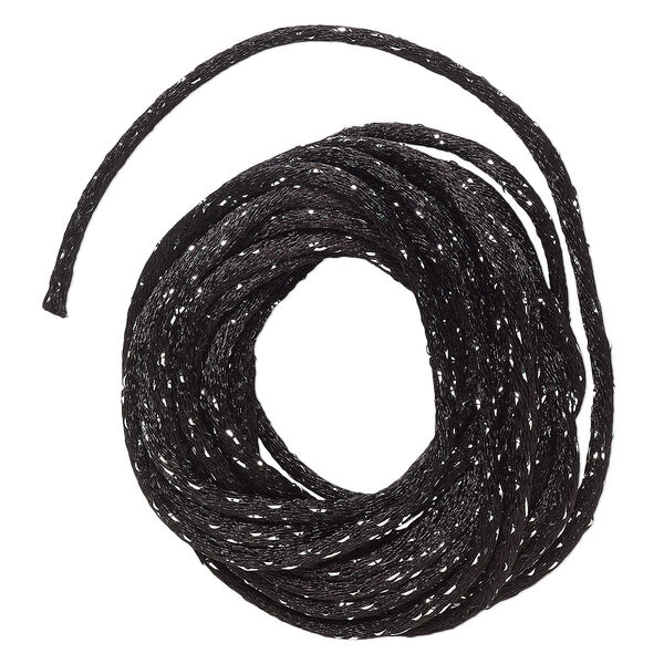 Cord, Satinique™, satin, black and metallic silver, 2mm. Sold per pkg of 9-1/2 feet. image number 0