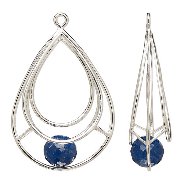 Focal, sterling silver and lapis lazuli (natural), 32x25mm open teardrop with 9mm hand-cut faceted round, B grade, Mohs hardness 5-6. Sold individually. image number 0