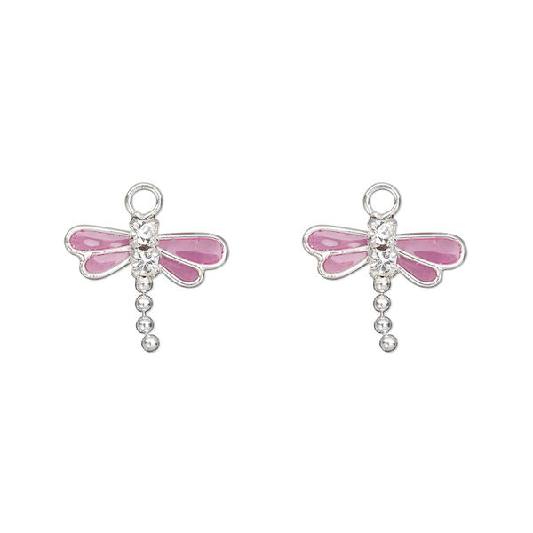 Charm, Preciosa crystal / sterling silver / enamel, purple and crystal clear, 13x11mm single-sided dragonfly. Sold per pkg of 2. image number 0