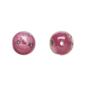 Bead, Czech lampworked glass, opaque pink and green, 12-13mm round with flower design. Sold per pkg of 4.