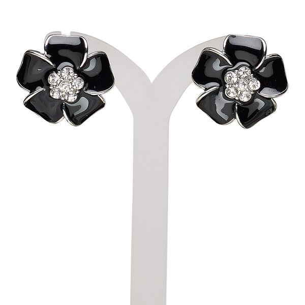 Earring, enamel / glass rhinestone / imitation rhodium-finished steel / "pewter" (zinc-based alloy), black and clear, 21x21mm flower with post. Sold per pair. image number 0