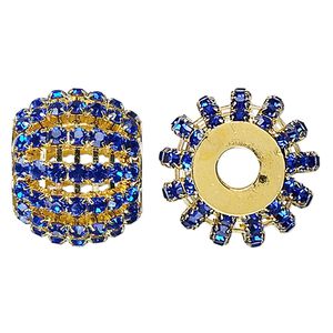 Bead, glass rhinestone and gold-finished brass, cobalt, 25x20mm barrel, 6.5mm hole. Sold individually.