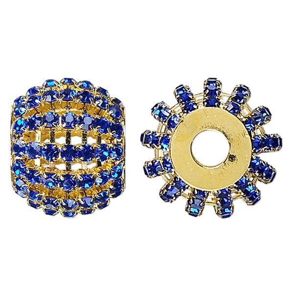 Bead, glass rhinestone and gold-finished brass, cobalt, 25x20mm barrel, 6.5mm hole. Sold individually. image number 0