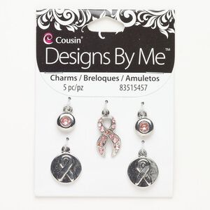 Charm drop assortment "pewter" zinc-based alloy glass 5pk 10-20x12mm breast cancer single-sided mixed shape, antique silver finish pink