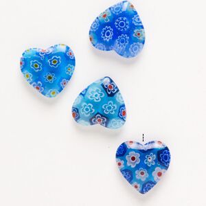 Bead, millefiori glass, pkg/4, translucent multicolored, 18-20mm half-drilled puffed heart.