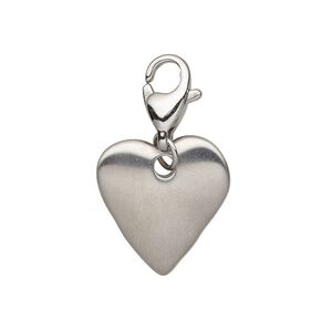 Charm, stainless steel, 18x18mm double-sided matte heart with lobster claw clasp. Sold individually.