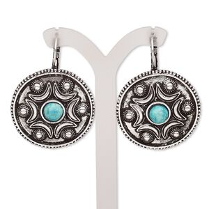 Earring, magnesite (dyed / stabilized) with antique silver-plated brass and "pewter" (zinc-based alloy), blue, 46mm with round and leverback ear wire. Sold per pair.