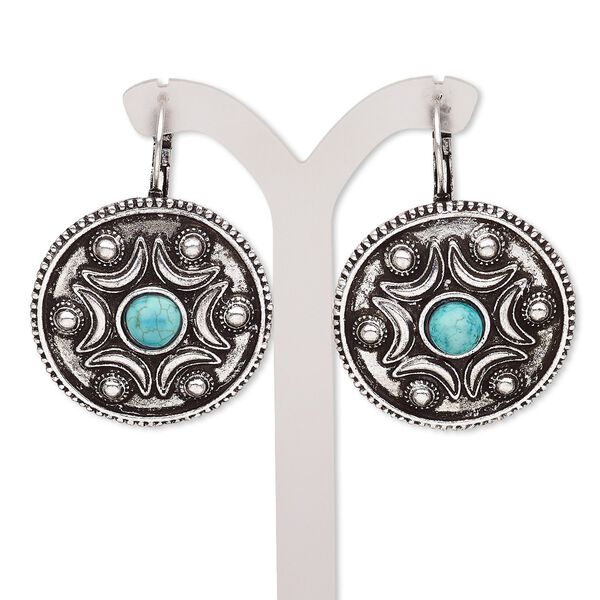 Earring, magnesite (dyed / stabilized) with antique silver-plated brass and "pewter" (zinc-based alloy), blue, 46mm with round and leverback ear wire. Sold per pair. image number 0