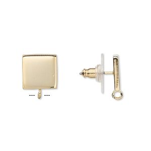 Earstud 1pkg4 gold-plated, 10mm square / open loop / earnuts, stainless steel 2 pair