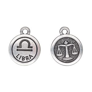 Charm, TierraCast®, antique silver-plated pewter (tin-based alloy), 15mm two-sided flat round with Libra zodiac sign and symbol. Sold per pkg of 20.