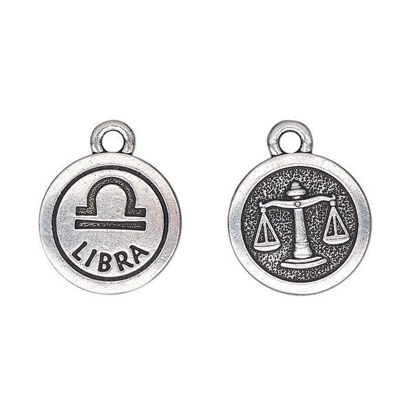 Charm, TierraCast®, antique silver-plated pewter (tin-based alloy), 15mm two-sided flat round with Libra zodiac sign and symbol. Sold per pkg of 20. image number 0