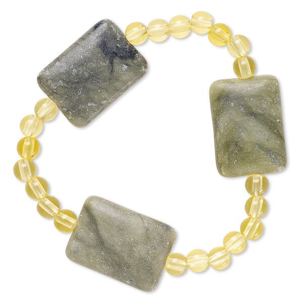 Bracelet, stretch, green serpentine (natural) and acrylic, yellow, 5mm round and 25x18mm puffed rectangle, 6-1/2 inches. Sold individually. image number 0