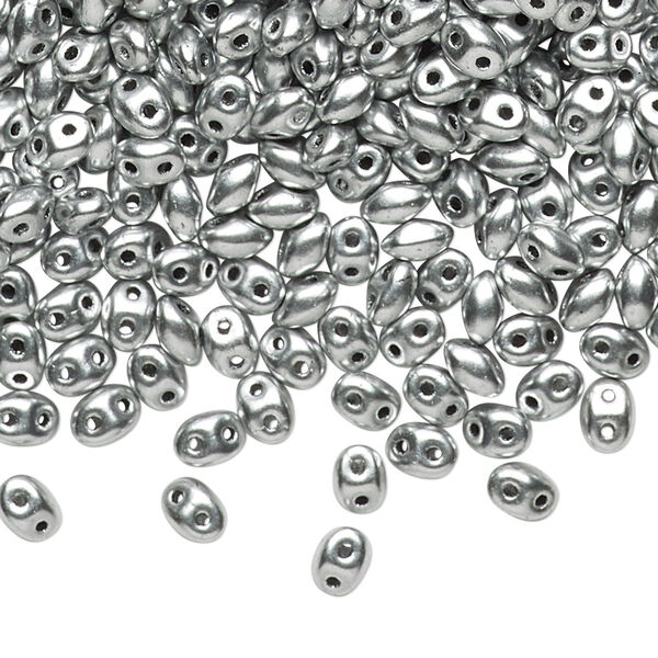 Bead, Preciosa Twin™, Pressed Twin, Czech pressed glass, opaqe silver, 5x2.5mm oval with (2) 0.7-0.8mm holes. Sold per 250-gram pkg. image number 0