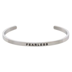 Bracelet, Everyday Jewelry, cuff, stainless steel, 4mm wide with "FEARLESS," 8 inches. Sold individually.